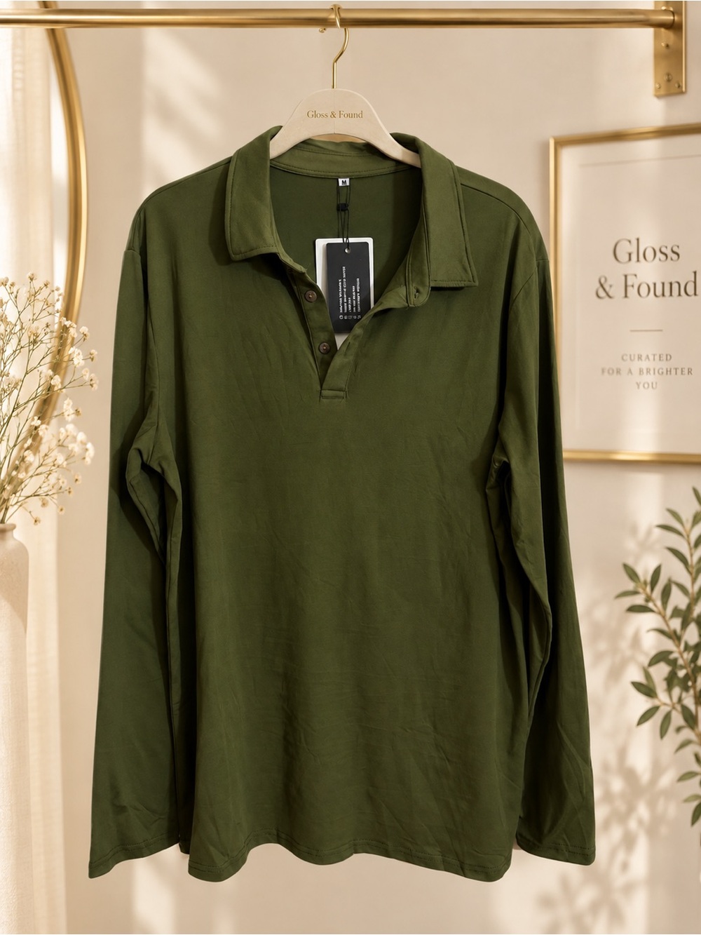 Uni Clau Olive Green Long Sleeve Collared Polo Lounge Top Medium NWT